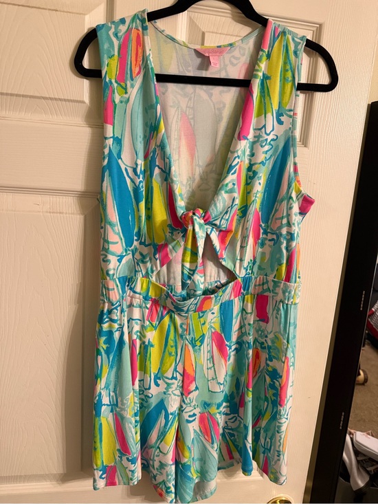 Lilly Pulitzer Pants - Lilly Pulitzer Multicolor Tie-Front Romper - Aqua, Pink & Yellow